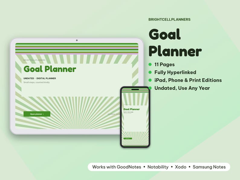 Undated Digital Goal Planner, Tablet Goal Planner PDF, Hyperlinked Planner, Tablet Planner image 1