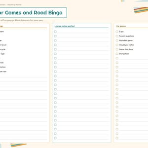K&ouml;nnte beinhalten: Eine cremefarbene Seite eines Reiseplaners mit dem Titel Car Games and Road Bingo. Sie enth&auml;lt drei Spalten mit Kontrollk&auml;stchen f&uuml;r Road Bingo, License plates spotted und Car games sowie Listen mit Suchaufgaben und Spielen.
