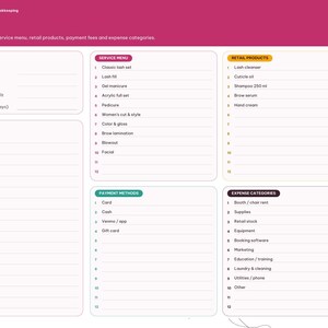 Puede incluir: Una p&aacute;gina de planificador de contabilidad de sal&oacute;n digital titulada Setup 2027 con un encabezado magenta. Incluye secciones para ajustes, men&uacute; de servicios, productos minoristas, notas, m&eacute;todos de pago y categor&iacute;as de gastos con listas numeradas y pesta&ntilde;as laterales.