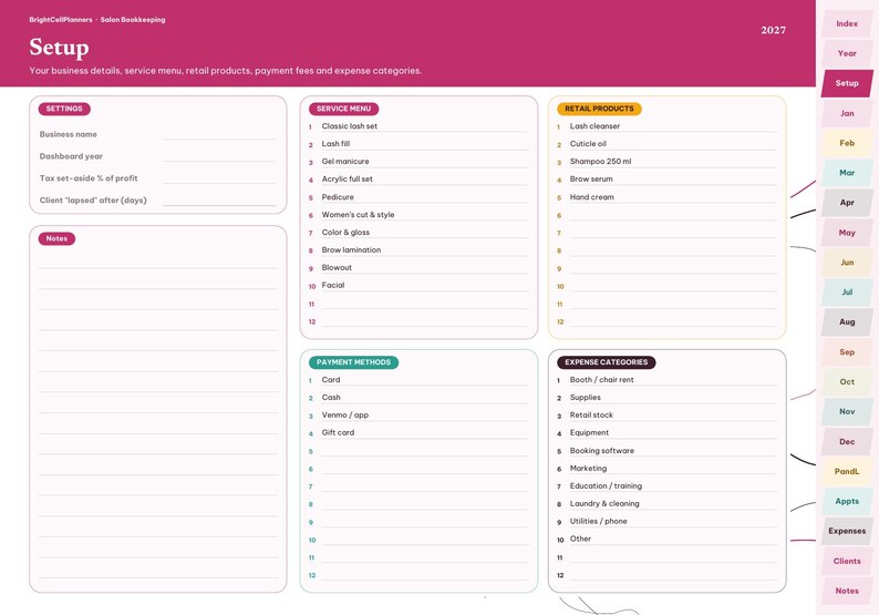 Puede incluir: Una p&aacute;gina de planificador de contabilidad de sal&oacute;n digital titulada Setup 2027 con un encabezado magenta. Incluye secciones para ajustes, men&uacute; de servicios, productos minoristas, notas, m&eacute;todos de pago y categor&iacute;as de gastos con listas numeradas y pesta&ntilde;as laterales.