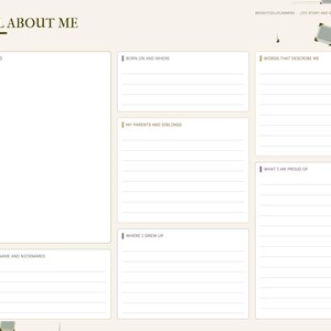 May include: A digital memory journal page titled ALL ABOUT ME with a sidebar navigation menu. The layout includes sections for a photo, personal details, family information, and prompts like WORDS THAT DESCRIBE ME and WHAT I AM PROUD OF.