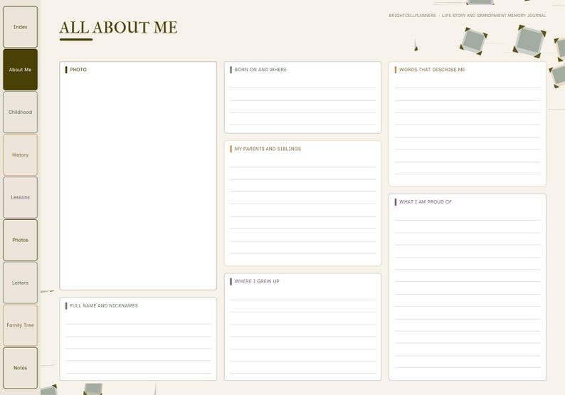 May include: A digital memory journal page titled ALL ABOUT ME with a sidebar navigation menu. The layout includes sections for a photo, personal details, family information, and prompts like WORDS THAT DESCRIBE ME and WHAT I AM PROUD OF.