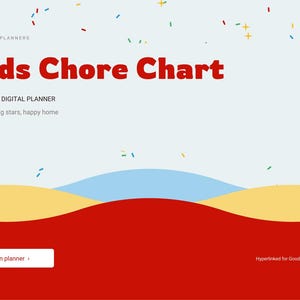 May include: A digital Kids Chore Chart planner with a light blue background, red, yellow, and blue wavy shapes, and colourful confetti. Text includes Brightcellplanners, Kids Chore Chart, Undated, Digital Planner, Little jobs, big stars, happy home, Open planner, and Hyperlinked for GoodNotes - Notability.