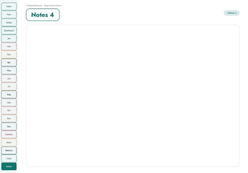 May include: A digital planner page titled Notes 4 with a large blank white central area for writing. The left sidebar features a vertical navigation menu with tabs labeled Index, Year, Setup, Dashboard, months from Jan to Dec, Content, Ideas, Metrics, Links, and Notes.