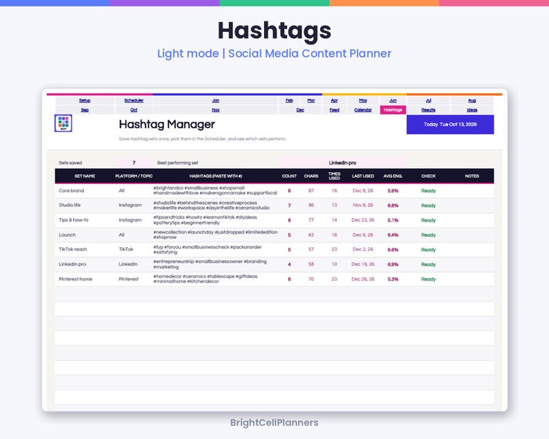 May include: A digital social media content planner interface titled Hashtags, featuring a Hashtag Manager table with columns for set name, platform, hashtags, count, characters, times used, last used, average engagement, check, and notes.