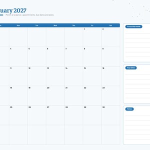 May include: A digital January 2027 monthly calendar planner page with a blue header, a grid for dates, and side navigation tabs. The layout includes sections labeled Focus this month, Key dates, and Notes, with BrightCatPlanners Book Tracker text.
