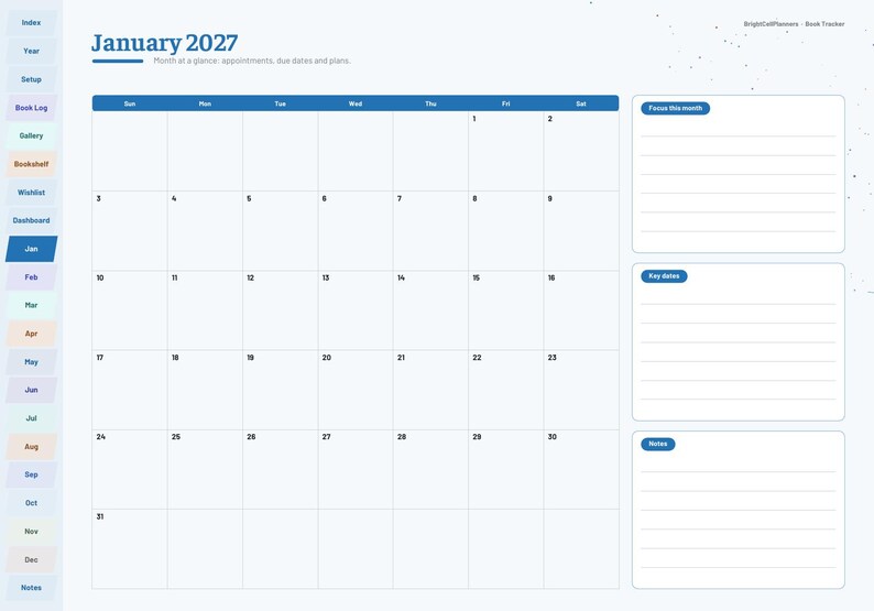May include: A digital January 2027 monthly calendar planner page with a blue header, a grid for dates, and side navigation tabs. The layout includes sections labeled Focus this month, Key dates, and Notes, with BrightCatPlanners Book Tracker text.