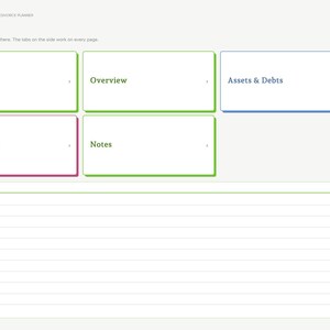 May include: A digital planner index page with a light background featuring green, blue, and pink bordered tiles labeled Setup, Overview, Assets & Debts, Home Goods, and Notes. A Quick Notes section with horizontal lines sits below the tiles.