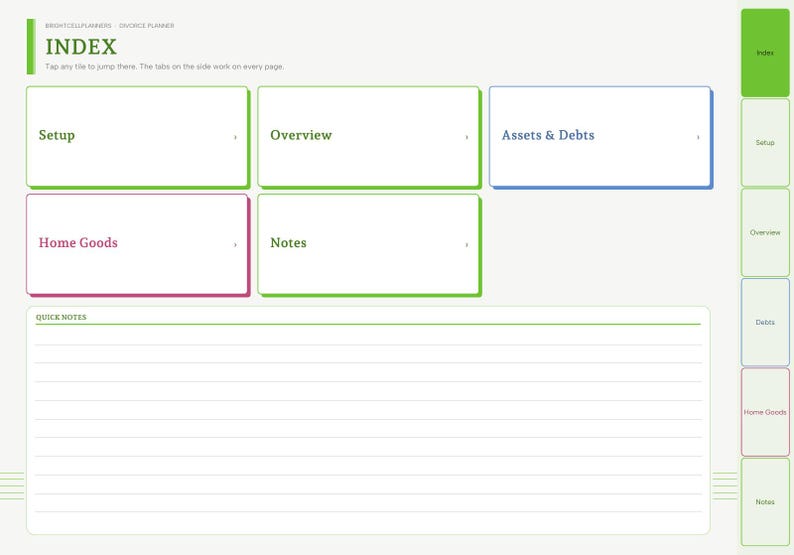 May include: A digital planner index page with a light background featuring green, blue, and pink bordered tiles labeled Setup, Overview, Assets & Debts, Home Goods, and Notes. A Quick Notes section with horizontal lines sits below the tiles.