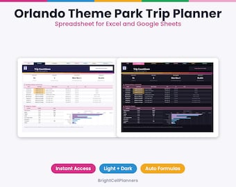 May include: An Orlando Theme Park Trip Planner spreadsheet for Excel and Google Sheets. The digital interface displays a trip countdown, booking schedule, and budget categories in both light and dark modes with auto formulas.
