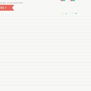 May include: A digital planner page titled NOTES 1 with a red header banner. The left sidebar features a vertical list of colorful tabs labeled Index, Year, Vision, Quarterly, Jan through Dec, Launch, Customers, KPI, and Notes. The page has horizontal lines.