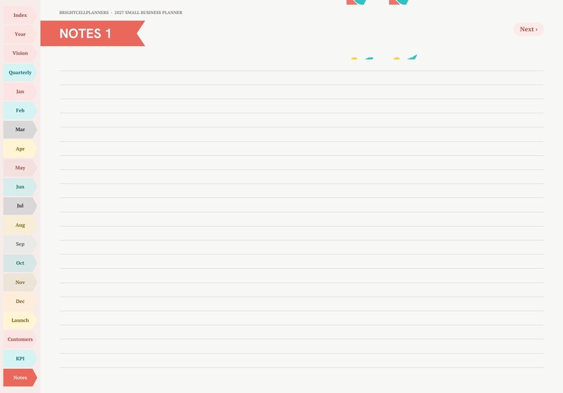 May include: A digital planner page titled NOTES 1 with a red header banner. The left sidebar features a vertical list of colorful tabs labeled Index, Year, Vision, Quarterly, Jan through Dec, Launch, Customers, KPI, and Notes. The page has horizontal lines.