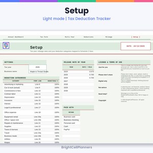 May include: A digital tax deduction tracker spreadsheet titled Setup, featuring sections for settings, mileage rates by year, deduction categories, and license terms. The interface includes fields for tax year, business name, and specific expense lines.