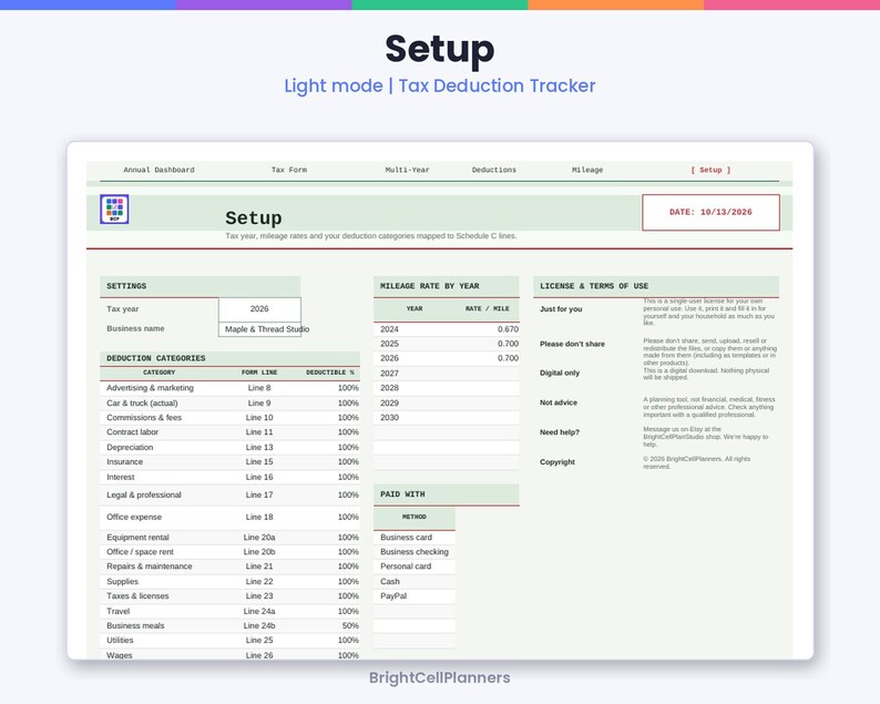 May include: A digital tax deduction tracker spreadsheet titled Setup, featuring sections for settings, mileage rates by year, deduction categories, and license terms. The interface includes fields for tax year, business name, and specific expense lines.