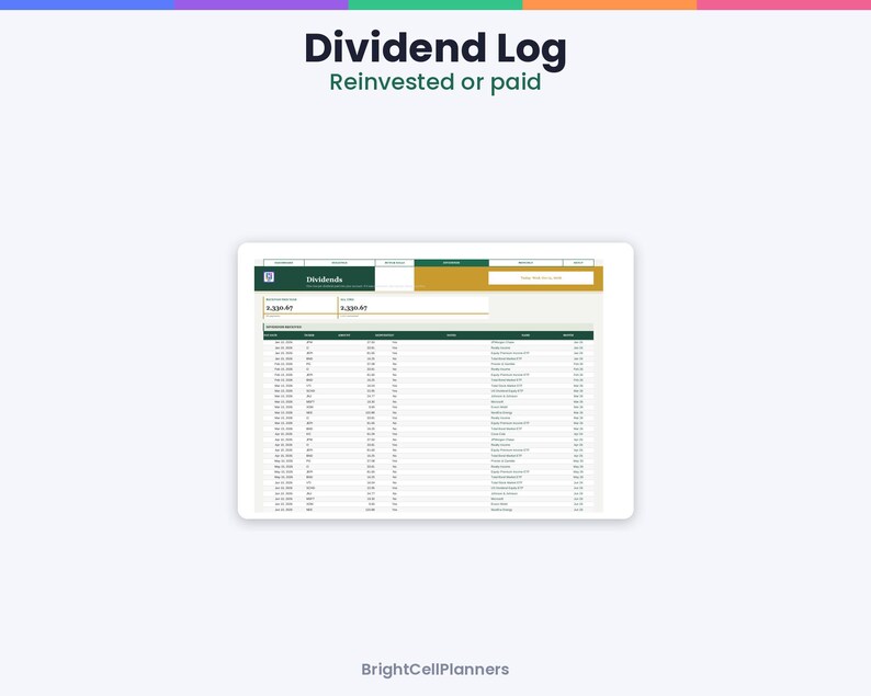 Puede incluir: Una hoja de c&aacute;lculo digital de registro de dividendos en la pantalla de una tableta, con columnas para fecha, s&iacute;mbolo, cantidad y estado. El encabezado incluye el texto Dividend Log Reinvested or paid y BrightCellPlanners.