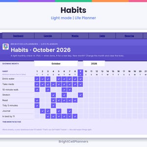 May include: A digital habit tracker interface titled Habits October 2026 with a light mode theme. The layout features a grid for tracking daily tasks like drinking water, taking meds, and reading, with purple checkmark icons indicating completed activities.