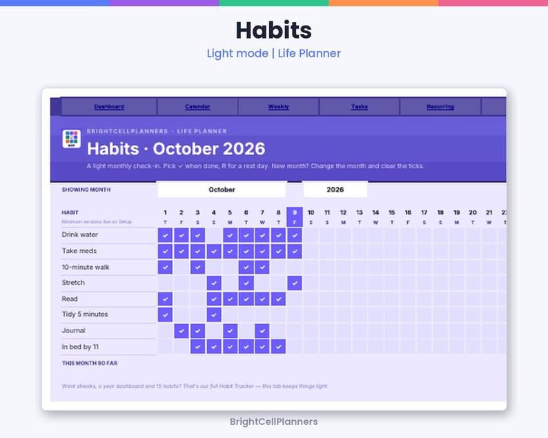 May include: A digital habit tracker interface titled Habits October 2026 with a light mode theme. The layout features a grid for tracking daily tasks like drinking water, taking meds, and reading, with purple checkmark icons indicating completed activities.