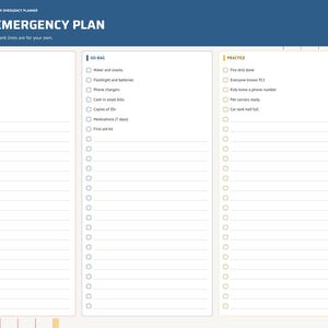 May include: A digital Family Emergency Plan page with a blue header, featuring three columns for Meeting Places, Go-Bag, and Practice. Each section includes checkboxes and lined spaces for notes. A side tab menu lists categories like Index, Household, Contacts, Medical, Medication, Accounts, Insurance, Pets, Home, Documents, Plan, Complete, Childcare, and Notes.
