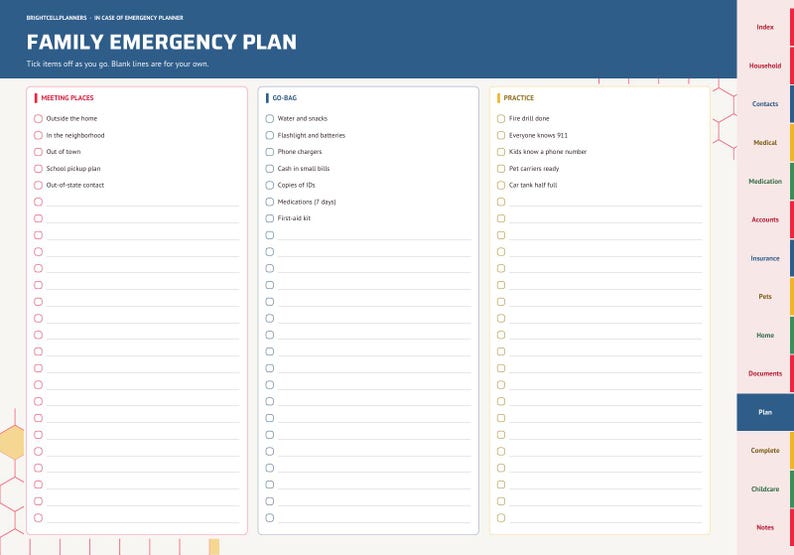 May include: A digital Family Emergency Plan page with a blue header, featuring three columns for Meeting Places, Go-Bag, and Practice. Each section includes checkboxes and lined spaces for notes. A side tab menu lists categories like Index, Household, Contacts, Medical, Medication, Accounts, Insurance, Pets, Home, Documents, Plan, Complete, Childcare, and Notes.