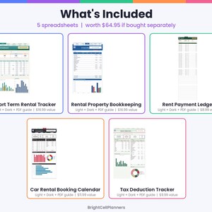 May include: A digital bundle of five spreadsheets including a Short Term Rental Tracker, Rental Property Bookkeeping, Rent Payment Ledger, Car Rental Booking Calendar, and Tax Deduction Tracker, each featuring data tables and colorful charts.