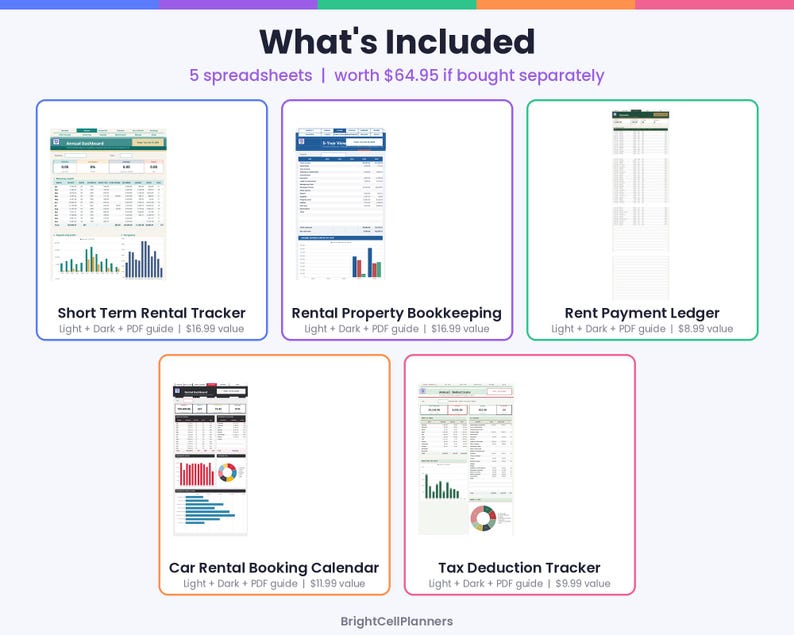 May include: A digital bundle of five spreadsheets including a Short Term Rental Tracker, Rental Property Bookkeeping, Rent Payment Ledger, Car Rental Booking Calendar, and Tax Deduction Tracker, each featuring data tables and colorful charts.