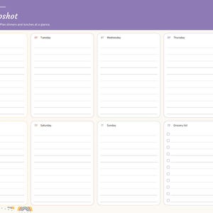 May include: A digital meal planner page titled Meal Snapshot with a purple header and 2027 date. It features eight rectangular sections for Monday through Sunday and a grocery list with checkboxes, plus a side navigation tab labelled Meals.