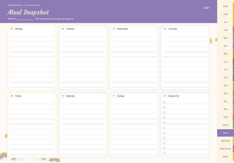 May include: A digital meal planner page titled Meal Snapshot with a purple header and 2027 date. It features eight rectangular sections for Monday through Sunday and a grocery list with checkboxes, plus a side navigation tab labelled Meals.