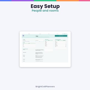 Puede incluir: Una interfaz digital mostrada en una pantalla de tableta titulada Easy Setup People and rooms. El dise&ntilde;o presenta campos de entrada para configuraciones, personas e informaci&oacute;n de habitaciones con un encabezado verde azulado. BrightCellPlanners est&aacute; abajo.