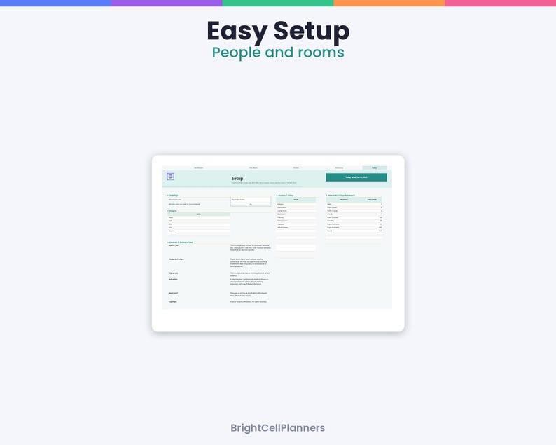 Puede incluir: Una interfaz digital mostrada en una pantalla de tableta titulada Easy Setup People and rooms. El dise&ntilde;o presenta campos de entrada para configuraciones, personas e informaci&oacute;n de habitaciones con un encabezado verde azulado. BrightCellPlanners est&aacute; abajo.