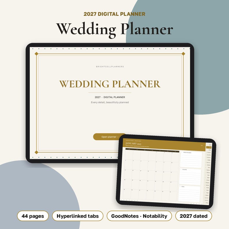 May include: A 2027 digital wedding planner displayed on two tablet screens. The main screen shows a title page with the text Wedding Planner, while the smaller screen displays a January 2027 monthly calendar grid with lined notes sections.