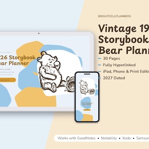 2027 Vintage 1926 Storybook Bear Planner, Classic Teddy Bear Book Illustrations, Hyperlinked Digital Planner, Cozy Nursery Gift