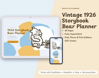 2027 Vintage 1926 Storybook Bear Planner, Classic Teddy Bear Book Illustrations, Hyperlinked Digital Planner, Cozy Nursery Gift