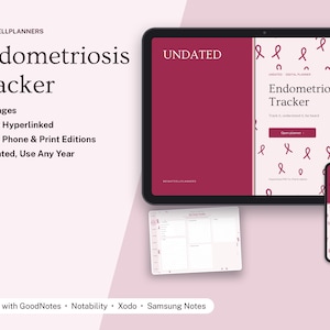 May include: A digital endometriosis tracker planner displayed on a tablet, a smartphone, and a separate page view. The design features a deep red and light pink color scheme with ribbon icons, including text reading Endometriosis Tracker.