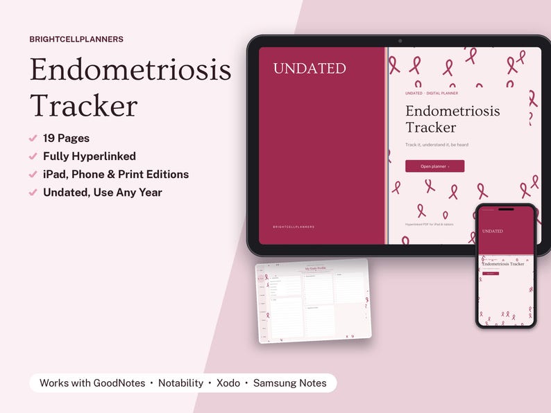 May include: A digital endometriosis tracker planner displayed on a tablet, a smartphone, and a separate page view. The design features a deep red and light pink color scheme with ribbon icons, including text reading Endometriosis Tracker.