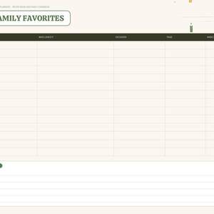 May include: A digital planner page titled FAMILY FAVORITES with a dark green header and a table featuring columns for recipe, who loves it, occasion, page, and made it. The layout includes a notes section at the bottom and a sidebar menu.