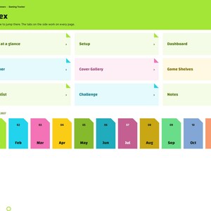 Pu&ograve; includere: Una pagina indice di un'agenda digitale intitolata Index 2027 con un menu di navigazione laterale. Il layout presenta riquadri rettangolari etichettati come Year at a glance, Setup, Dashboard, Tracker, Cover Gallery, Game Shelves, Wishlist, Challenge e Notes.