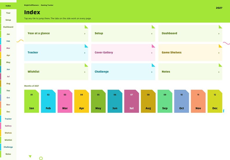 Pu&ograve; includere: Una pagina indice di un'agenda digitale intitolata Index 2027 con un menu di navigazione laterale. Il layout presenta riquadri rettangolari etichettati come Year at a glance, Setup, Dashboard, Tracker, Cover Gallery, Game Shelves, Wishlist, Challenge e Notes.