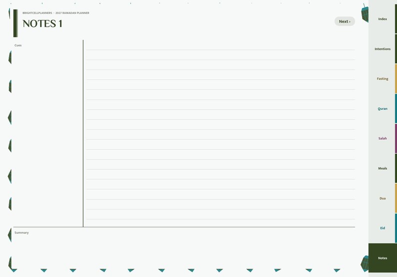 May include: A digital planner page titled NOTES 1 with a large blank left column, a right-hand section with horizontal lines, and a bottom summary box. The right sidebar features colored tabs labeled Index, Intentions, Fasting, Quran, Salah, Meals, Dua, Eid, and Notes.