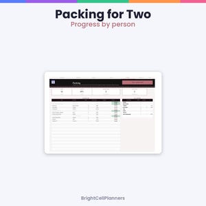 May include: A digital packing planner interface titled Packing for Two with the subtitle Progress by person. The screen displays a dashboard with progress bars, itemized lists, and categories for travel organization by BrightCellPlanners.