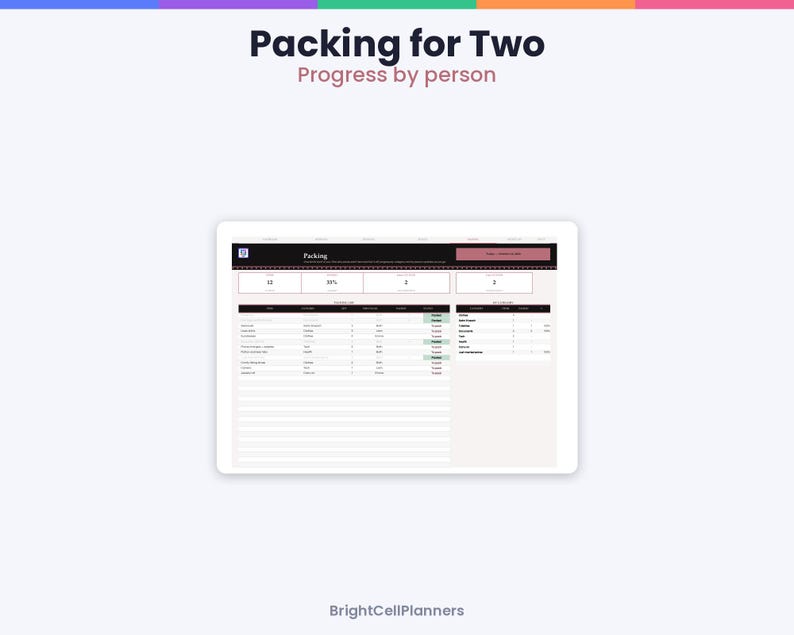 May include: A digital packing planner interface titled Packing for Two with the subtitle Progress by person. The screen displays a dashboard with progress bars, itemized lists, and categories for travel organization by BrightCellPlanners.