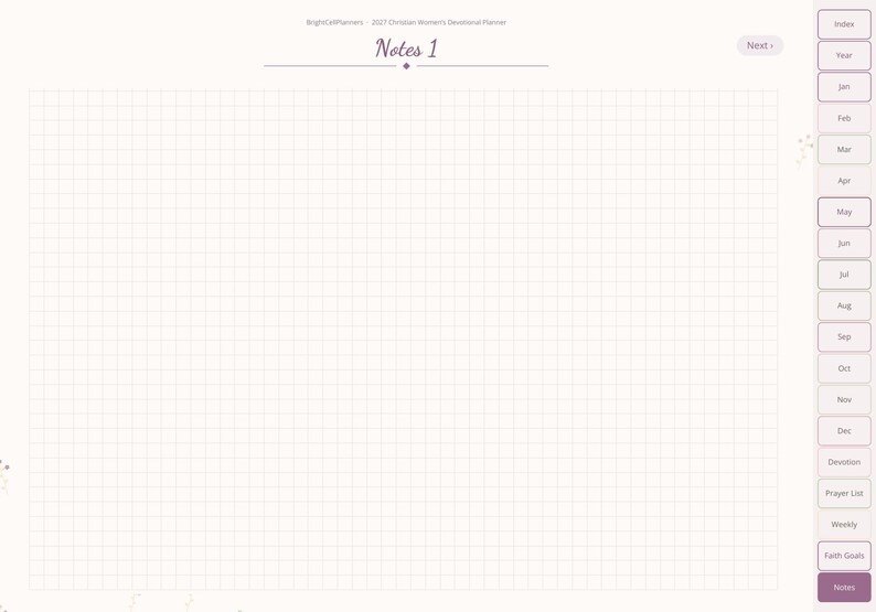 May include: A digital planner page titled Notes 1 with a light grid background. The right side features a vertical navigation bar with tabs for Index, Year, months from Jan to Dec, Devotion, Prayer List, Weekly, Faith Goals, and Notes.