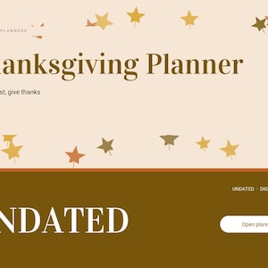 Puede incluir: Un planificador digital de Acci&oacute;n de Gracias con fondo crema y hojas de oto&ntilde;o marrones y amarillas dispersas. El texto dice "BRIGHTCELLPLANNERS", "Thanksgiving Planner", "Gather, feast, give thanks", "UNDATED", "DIGITAL PLANNER" y "Open planner".