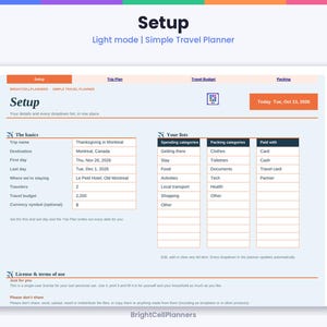 May include: A digital travel planner interface titled Setup, featuring sections for trip basics, spending categories, packing categories, and payment methods. The layout includes fields for destination, dates, and travellers, with a light mode colour scheme.