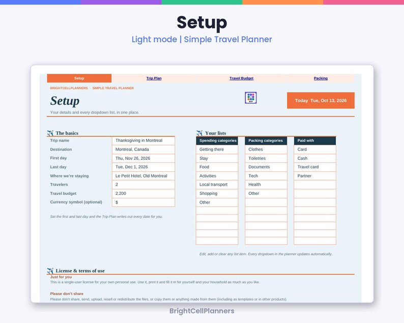 May include: A digital travel planner interface titled Setup, featuring sections for trip basics, spending categories, packing categories, and payment methods. The layout includes fields for destination, dates, and travellers, with a light mode colour scheme.