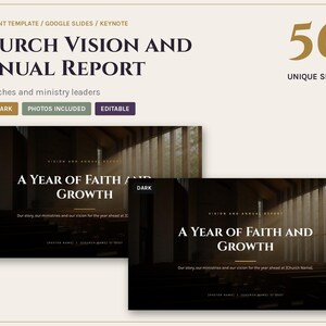 May include: A digital presentation template titled Church Vision and Annual Report featuring 56 unique slides. The design includes light and dark themes with editable text and photo placeholders, showcasing a church interior background.