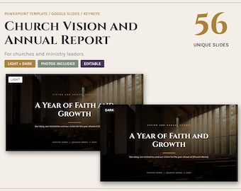Może przedstawiać: Cyfrowy szablon prezentacji zatytułowany Church Vision and Annual Report zawierający 56 unikalnych slajdów. Projekt obejmuje jasne i ciemne motywy z edytowalnym tekstem oraz miejscami na zdjęcia wnętrza kościoła.