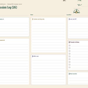 May include: A digital tabletop RPG campaign journal page titled Session log (1/6) with a cream background. It features sections for session details, previously on, combat, loot, NPCs met, and a checklist for threads to follow, accented by compass icons.
