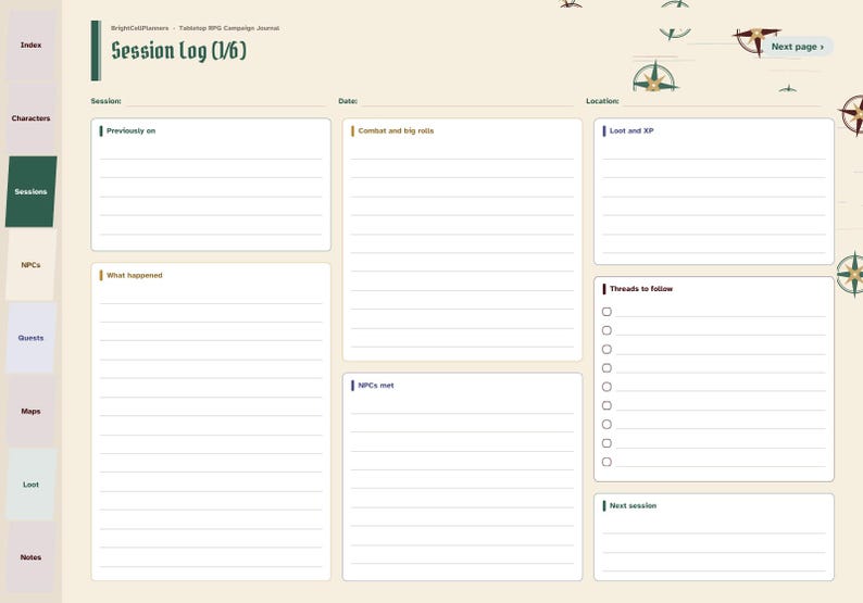 May include: A digital tabletop RPG campaign journal page titled Session log (1/6) with a cream background. It features sections for session details, previously on, combat, loot, NPCs met, and a checklist for threads to follow, accented by compass icons.