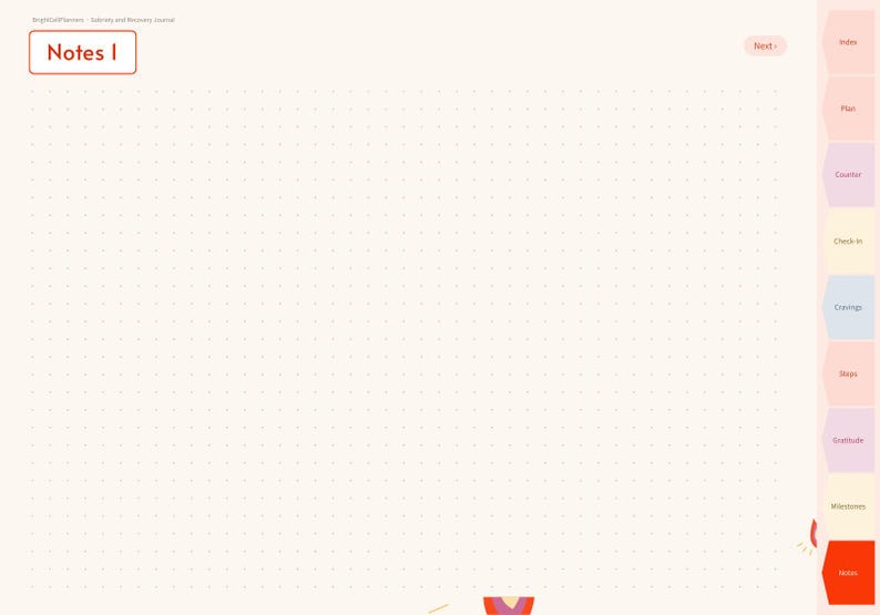 May include: A digital planner page with a cream background and a light gray dot grid. The top left corner features the text Notes I in a red box. A vertical sidebar on the right contains tabs labeled Index, Plan, Counter, Check-in, Cravings, Steps, Gratitude, Milestones, and Notes.
