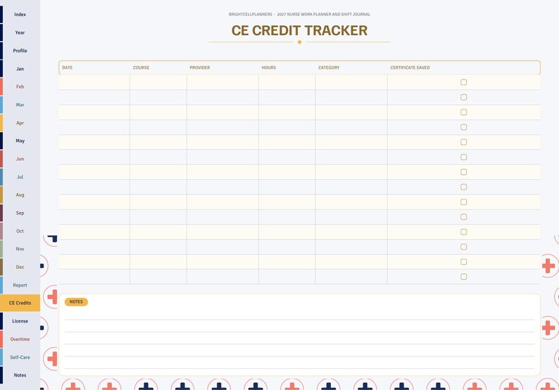 May include: A digital CE Credit Tracker planner page featuring a table with columns for date, course, provider, hours, category, and certificate saved. The layout includes a notes section at the bottom and a sidebar with navigation tabs.